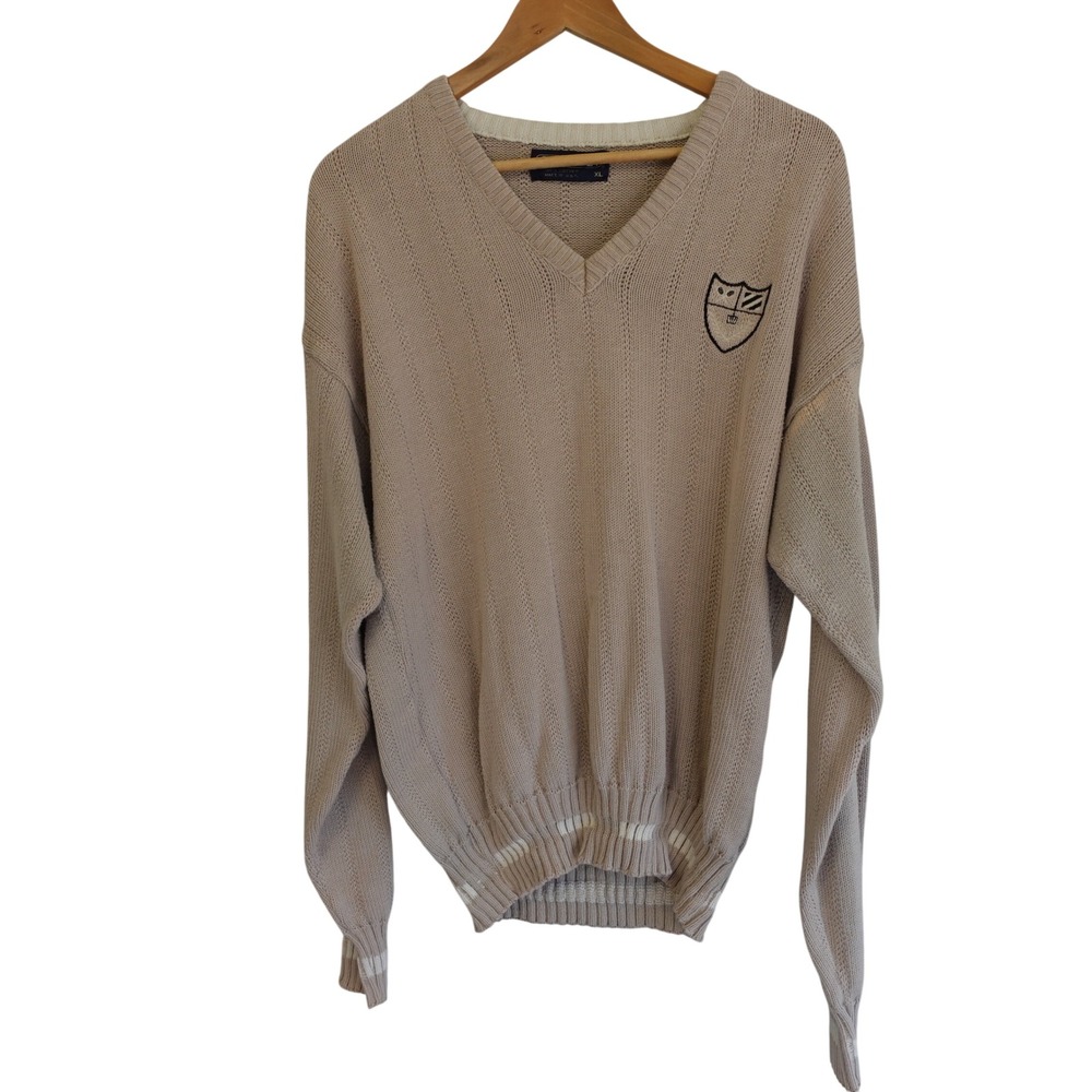 Vintage 90s Sweater Mens XL Tan V-Neck Knit Crest Embroidered Cotton Grandpacore